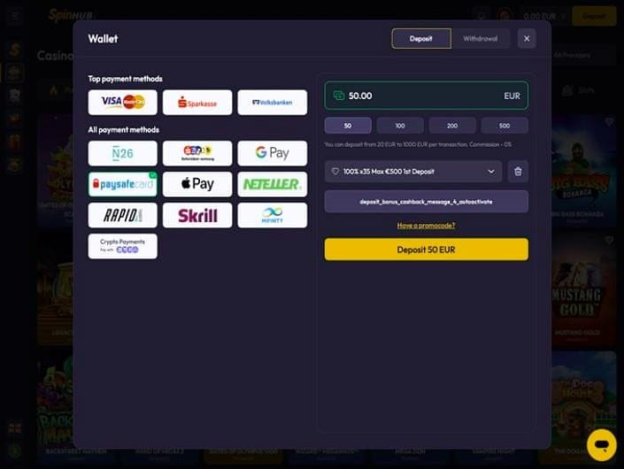 Spinhub Casino Zahlungsmethoden: Einzahlung, Auszahlung, Limits